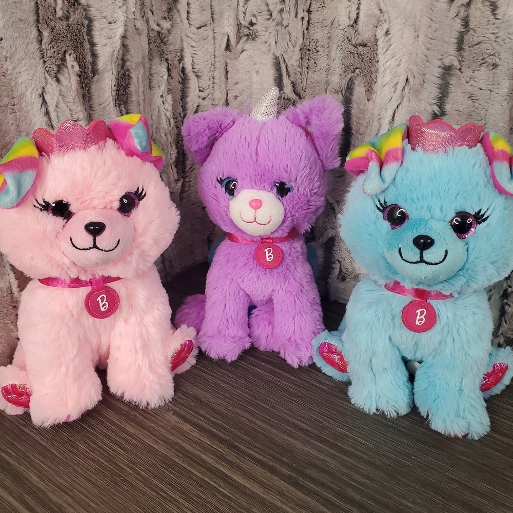 Mattel Barbie Loves Pets Dog Unicat Plush Pink Purple Blue Stuffed Lot Of 3
